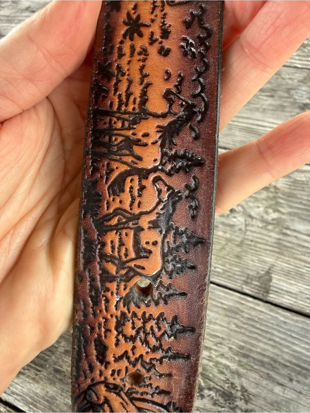 Hand-Tooled Brown Leather Men’s Belt with Horse Motif 44”